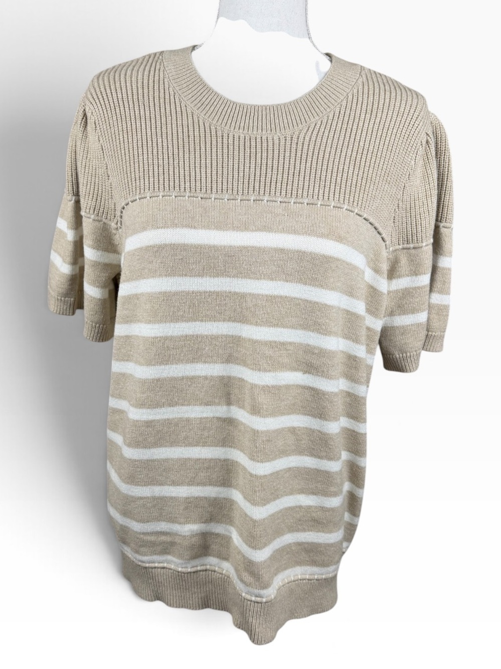 Lane Bryant Short-Sleeve Knit Sweater in a Dark Cream/Beige with White Stripes.